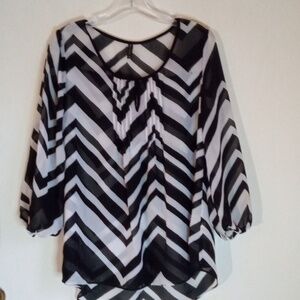 Massini black and white sheer Chevron pleated blouse with lantern sleeves